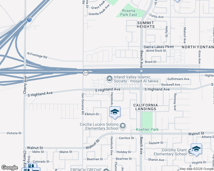 map of restaurants, bars, coffee shops, grocery stores, and more near 66 Hemlock Avenue in Fontana