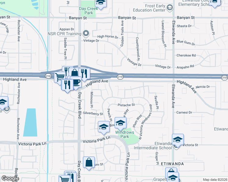 map of restaurants, bars, coffee shops, grocery stores, and more near 12427 Silk Oak Court in Rancho Cucamonga