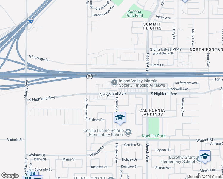 map of restaurants, bars, coffee shops, grocery stores, and more near 6589 Grotto Lane in Fontana