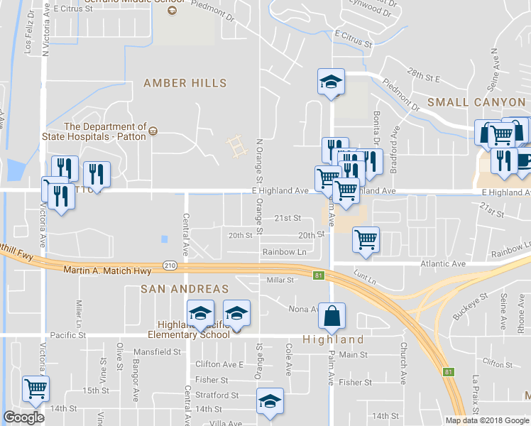 map of restaurants, bars, coffee shops, grocery stores, and more near 2111 Orange Street in Highland