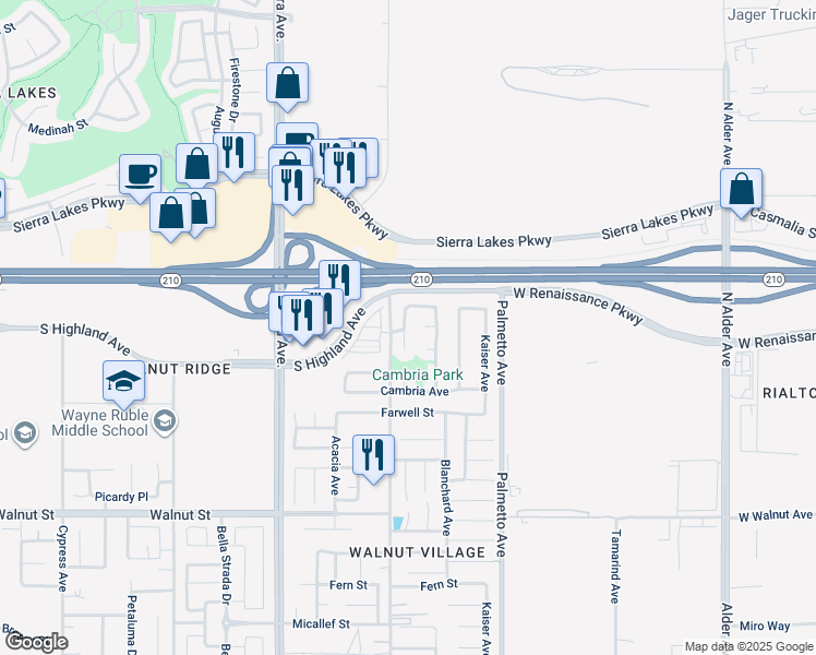 map of restaurants, bars, coffee shops, grocery stores, and more near 6559 Pacifica Avenue in Fontana