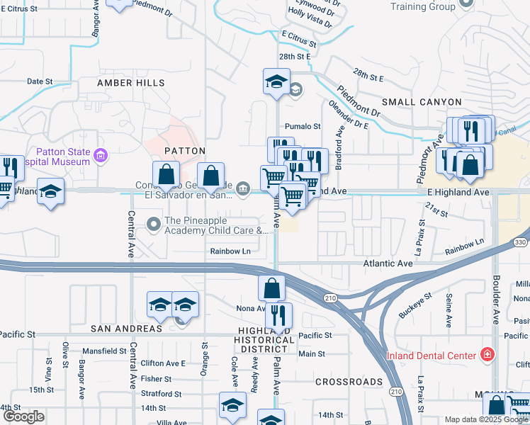 map of restaurants, bars, coffee shops, grocery stores, and more near 3539 21st Street in Highland