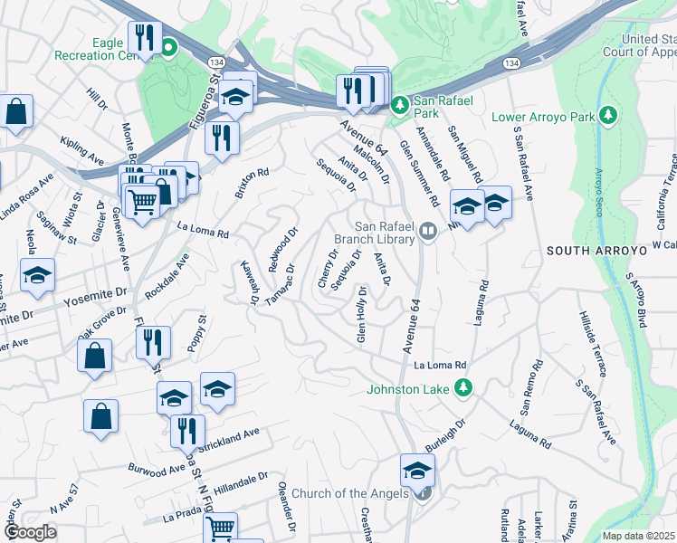 map of restaurants, bars, coffee shops, grocery stores, and more near 465 Sequoia Drive in Pasadena