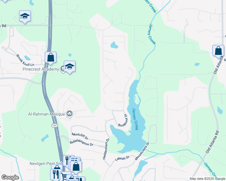 map of restaurants, bars, coffee shops, grocery stores, and more near 1560 Broadhempston Court in Cumming