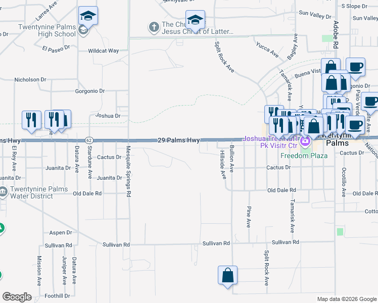 map of restaurants, bars, coffee shops, grocery stores, and more near 73087 Cactus Drive in Twentynine Palms