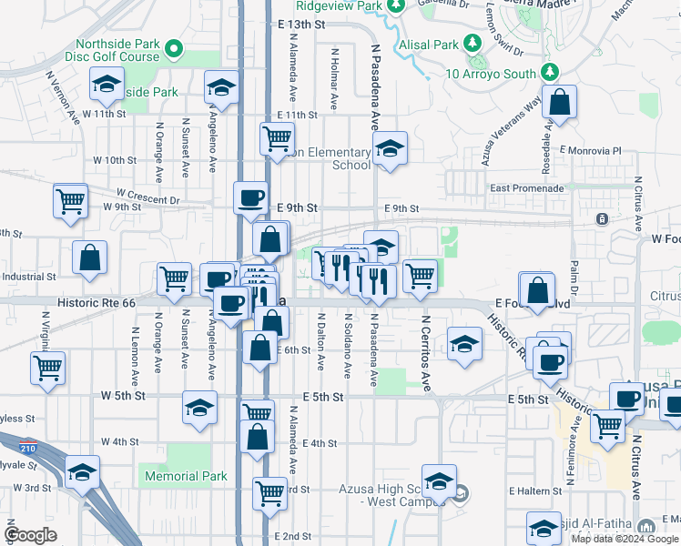 map of restaurants, bars, coffee shops, grocery stores, and more near 729 North Soldano Avenue in Azusa