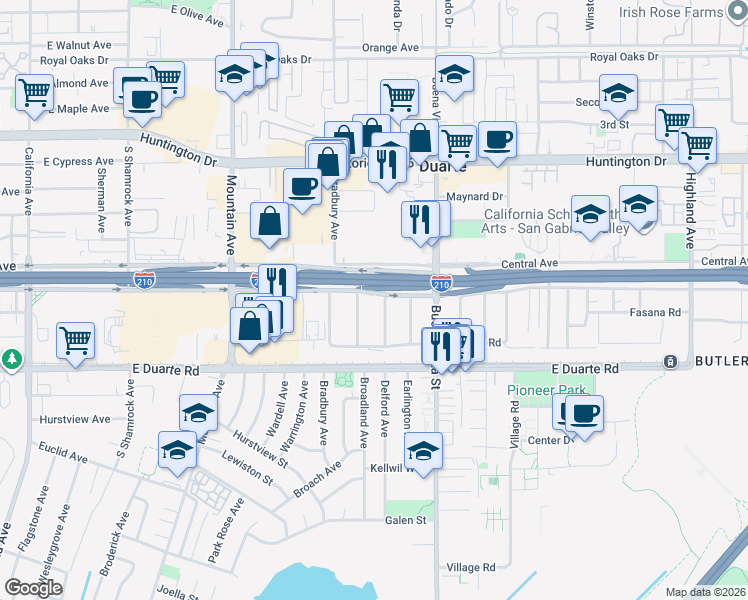 map of restaurants, bars, coffee shops, grocery stores, and more near 1543 Delford Avenue in Duarte