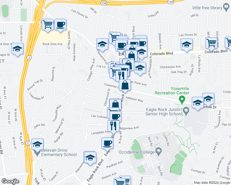 map of restaurants, bars, coffee shops, grocery stores, and more near 2221 Addison Way in Los Angeles