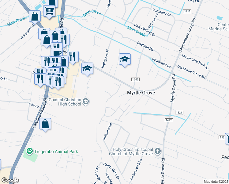 map of restaurants, bars, coffee shops, grocery stores, and more near 5632 Brown Pelican Lane in Wilmington
