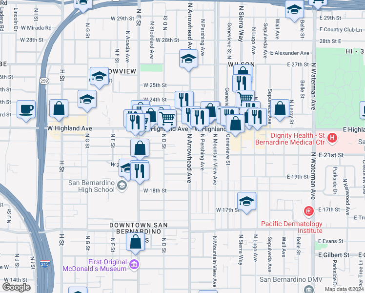 map of restaurants, bars, coffee shops, grocery stores, and more near 2142 North Arrowhead Avenue in San Bernardino