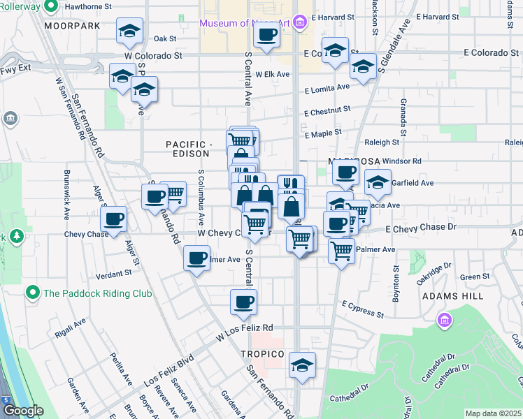 map of restaurants, bars, coffee shops, grocery stores, and more near 218 West Acacia Avenue in Glendale