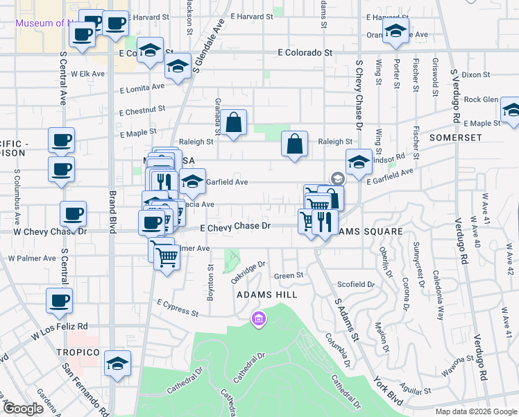 map of restaurants, bars, coffee shops, grocery stores, and more near 724 East Acacia Avenue in Glendale