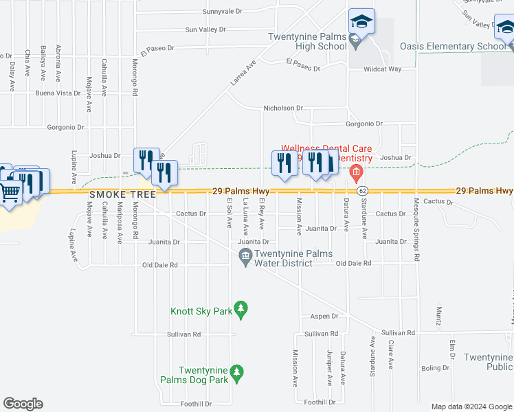 map of restaurants, bars, coffee shops, grocery stores, and more near 6566 El Rey Avenue in Twentynine Palms