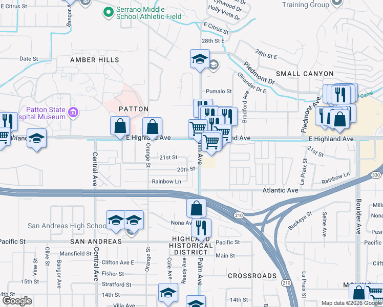 map of restaurants, bars, coffee shops, grocery stores, and more near 3539 21st Street in Highland