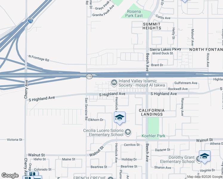 map of restaurants, bars, coffee shops, grocery stores, and more near 66 Hemlock Avenue in Fontana