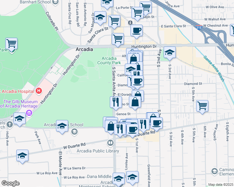 map of restaurants, bars, coffee shops, grocery stores, and more near 19 Fano Street in Arcadia