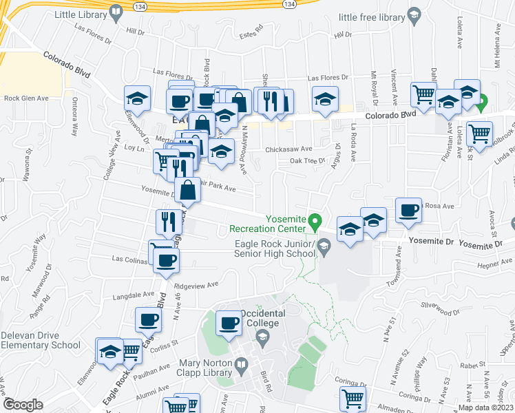 map of restaurants, bars, coffee shops, grocery stores, and more near 1942 Yosemite Drive in Los Angeles
