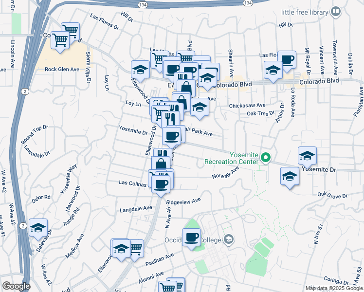 map of restaurants, bars, coffee shops, grocery stores, and more near 4866 Eagle Rock Boulevard in Los Angeles