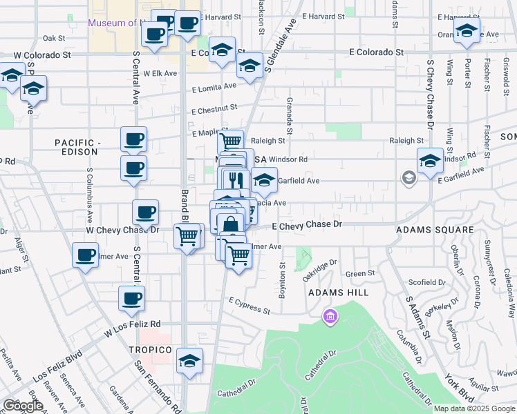 map of restaurants, bars, coffee shops, grocery stores, and more near 1023 Mariposa Street in Glendale