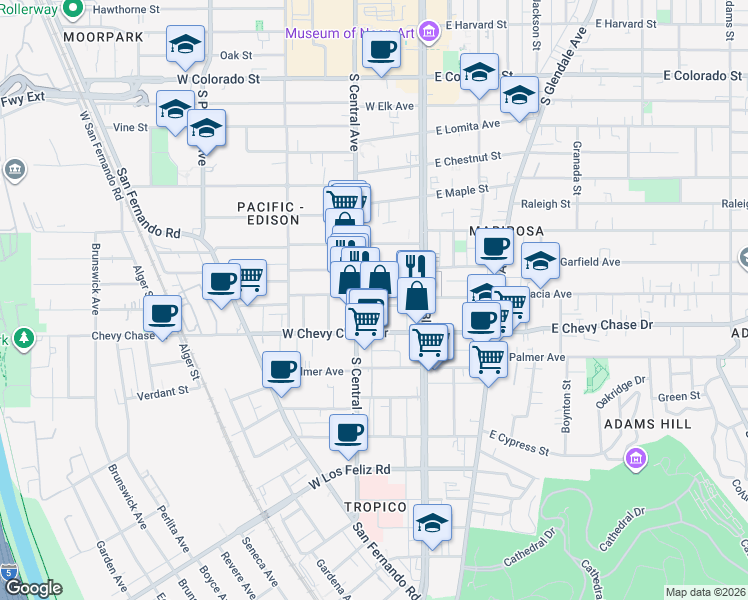 map of restaurants, bars, coffee shops, grocery stores, and more near 218 West Acacia Avenue in Glendale