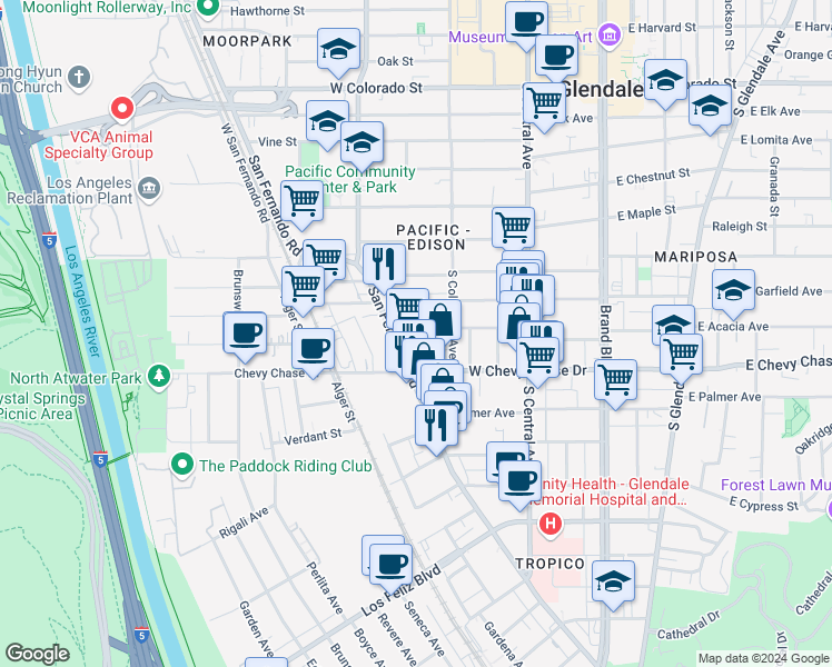 map of restaurants, bars, coffee shops, grocery stores, and more near 4432 San Fernando Road in Glendale