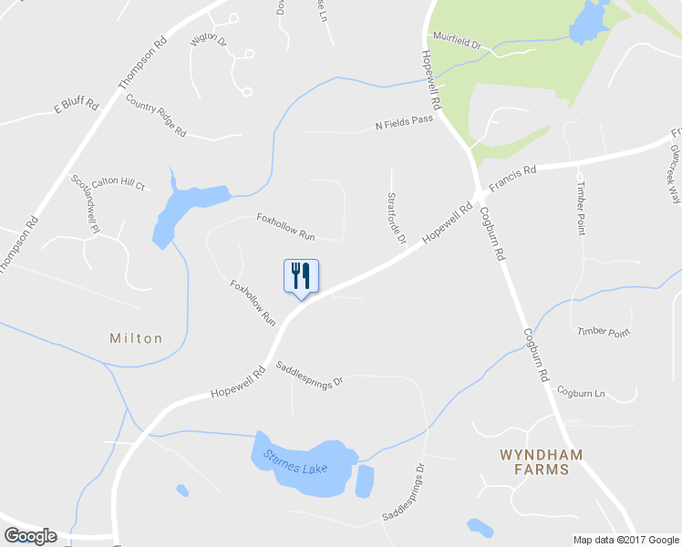 map of restaurants, bars, coffee shops, grocery stores, and more near 845 Foxhollow Run in Alpharetta