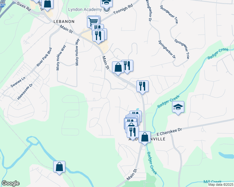 map of restaurants, bars, coffee shops, grocery stores, and more near 507 Karen Lane in Woodstock