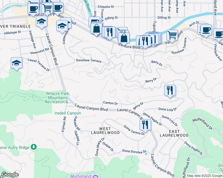 map of restaurants, bars, coffee shops, grocery stores, and more near 3379 Canton Lane in Los Angeles
