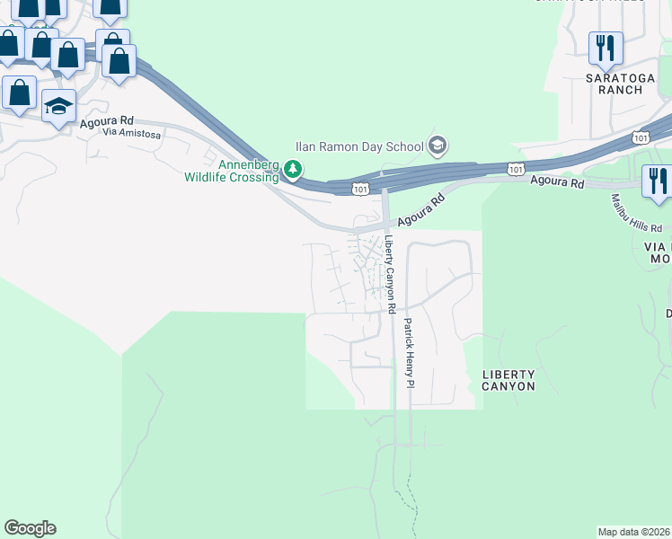map of restaurants, bars, coffee shops, grocery stores, and more near 4060 Yankee Drive in Agoura Hills