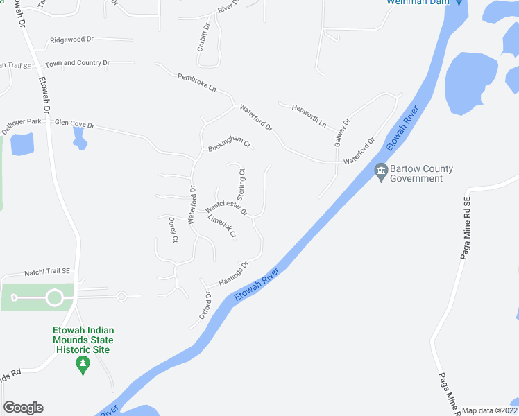 map of restaurants, bars, coffee shops, grocery stores, and more near 24 Westchester Drive in Cartersville