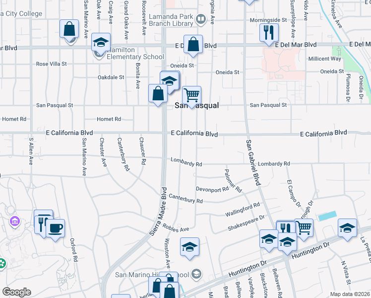 map of restaurants, bars, coffee shops, grocery stores, and more near 2545 Lombardy Road in San Marino
