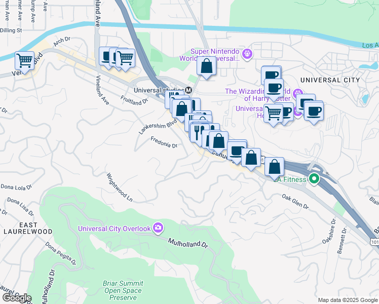 map of restaurants, bars, coffee shops, grocery stores, and more near 3884 Fredonia Drive in Los Angeles