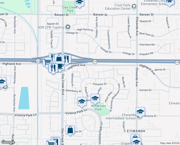map of restaurants, bars, coffee shops, grocery stores, and more near 12427 Silk Oak Court in Rancho Cucamonga
