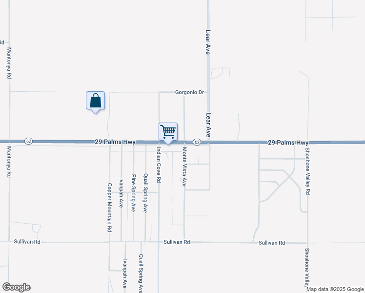 map of restaurants, bars, coffee shops, grocery stores, and more near 6557 Monte Vista Avenue in Twentynine Palms
