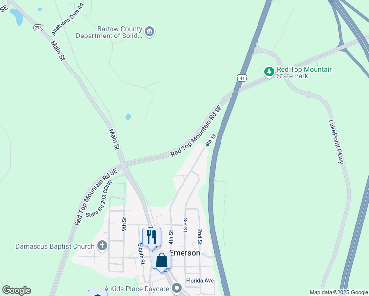 map of restaurants, bars, coffee shops, grocery stores, and more near Red Top Mountain Road Southeast in Cartersville