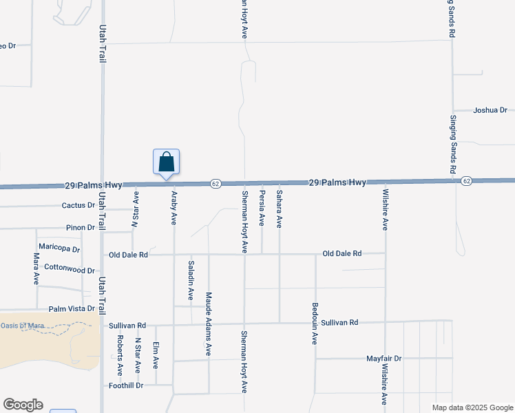 map of restaurants, bars, coffee shops, grocery stores, and more near 6566 Persia Avenue in Twentynine Palms
