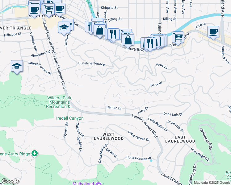 map of restaurants, bars, coffee shops, grocery stores, and more near 3379 Canton Lane in Los Angeles