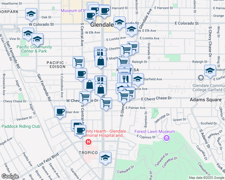 map of restaurants, bars, coffee shops, grocery stores, and more near 222 East Acacia Avenue in Glendale
