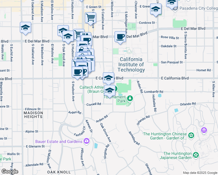 map of restaurants, bars, coffee shops, grocery stores, and more near 1030 East California Boulevard in Pasadena