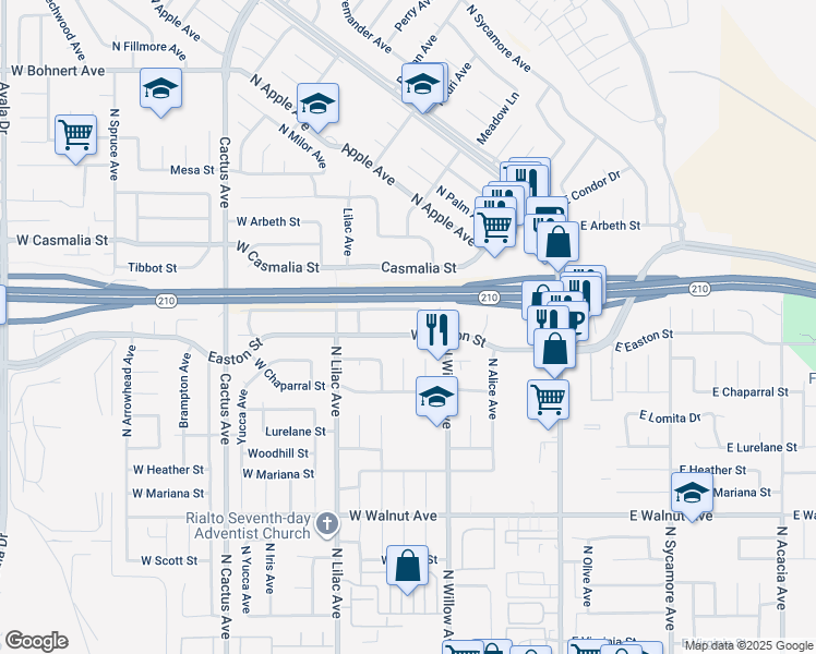 map of restaurants, bars, coffee shops, grocery stores, and more near 360 West Easton Street in Rialto