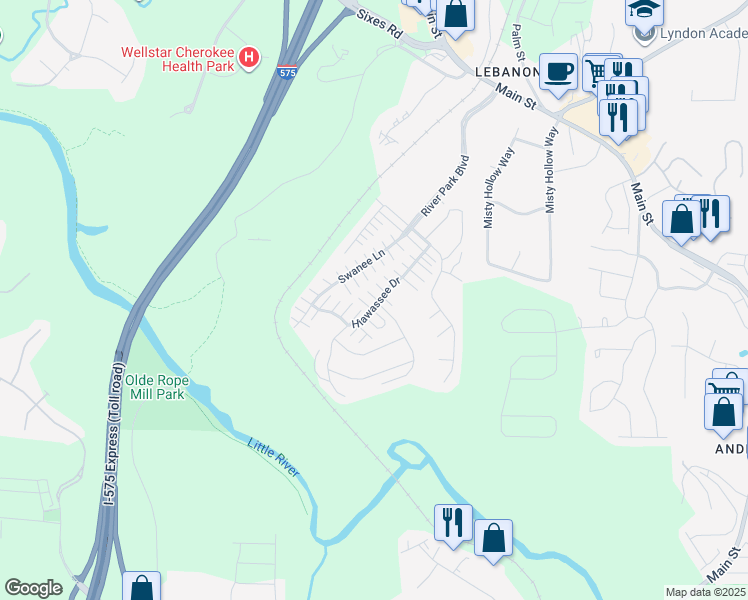 map of restaurants, bars, coffee shops, grocery stores, and more near 236 Hiawassee Drive in Woodstock