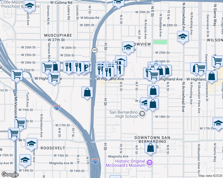 map of restaurants, bars, coffee shops, grocery stores, and more near 763 West 21st Street in San Bernardino