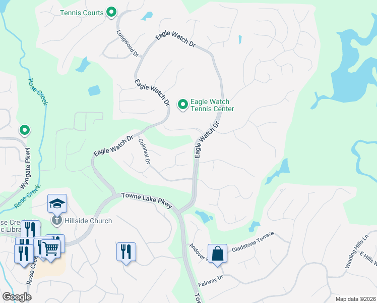 map of restaurants, bars, coffee shops, grocery stores, and more near 3033 Eagle Watch Drive in Woodstock