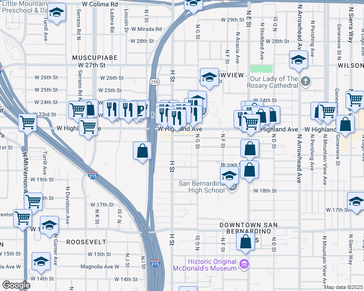 map of restaurants, bars, coffee shops, grocery stores, and more near 763 West 21st Street in San Bernardino