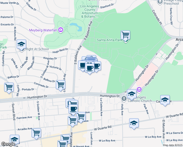 map of restaurants, bars, coffee shops, grocery stores, and more near 400 South Baldwin Avenue in Arcadia