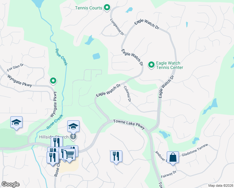 map of restaurants, bars, coffee shops, grocery stores, and more near 805 Muirfield Court in Woodstock
