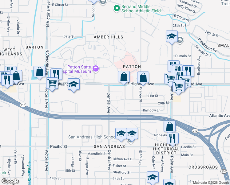 map of restaurants, bars, coffee shops, grocery stores, and more near 3251 Highland Avenue in Highland