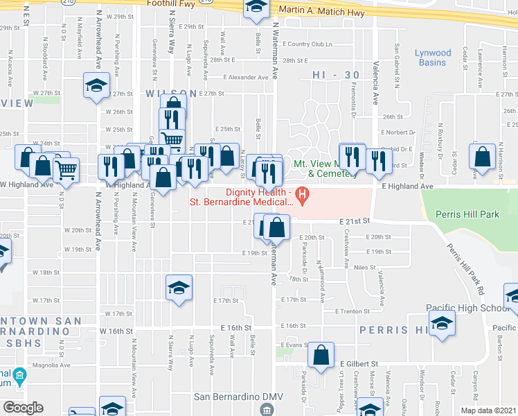 map of restaurants, bars, coffee shops, grocery stores, and more near 297 East Highland Avenue in San Bernardino