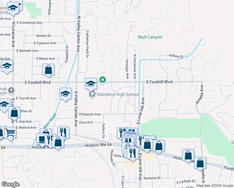 map of restaurants, bars, coffee shops, grocery stores, and more near 124 South Gordon Avenue in Glendora