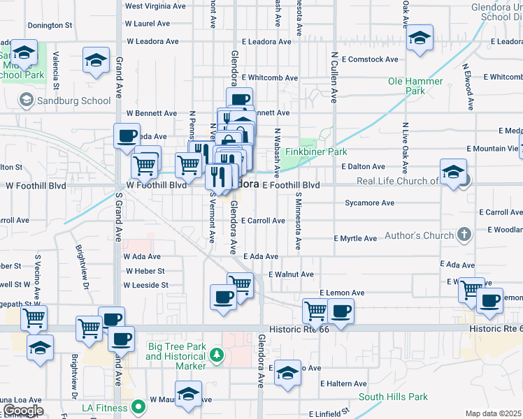 map of restaurants, bars, coffee shops, grocery stores, and more near 118s South Vista Bonita Avenue in Glendora